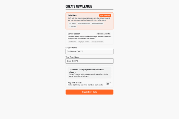 The Create New League screen with the Daily Slate card selected above Career Season