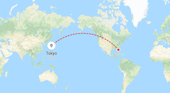 Map Traveling from Florida to Tokyo