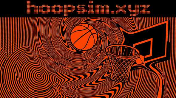 HoopSim hero - orange and black op-art basketball and hoop under the hoopsim.xyz wordmark