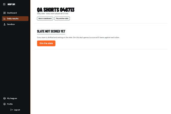 The daily results page before scoring, with the Sim the slate button